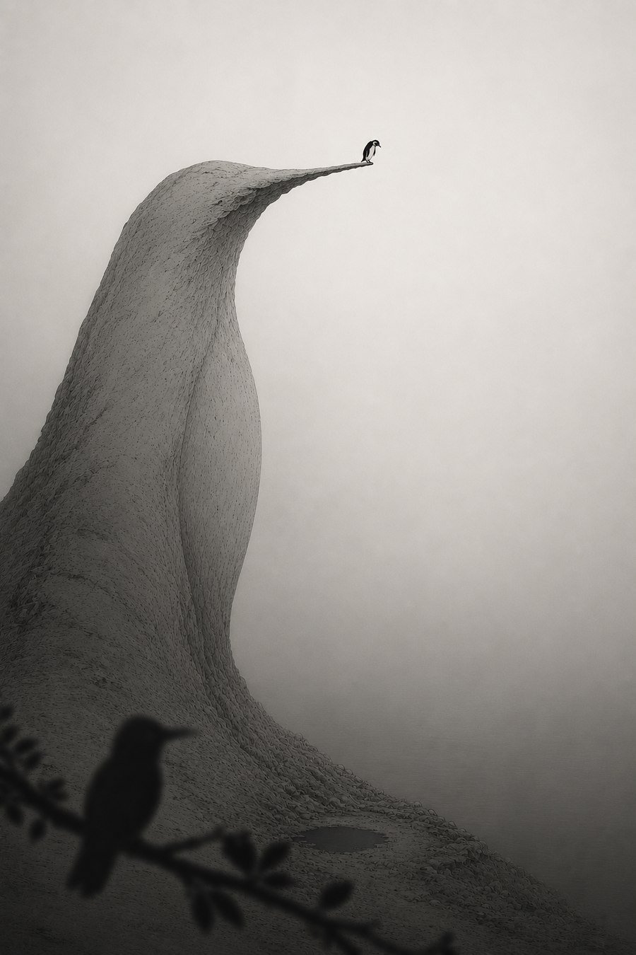 Big Phoney cover — a hunched, penguin-shaped iceberg in fog, with a tiny penguin at its tip and a hummingbird silhouette on a branch in the foreground