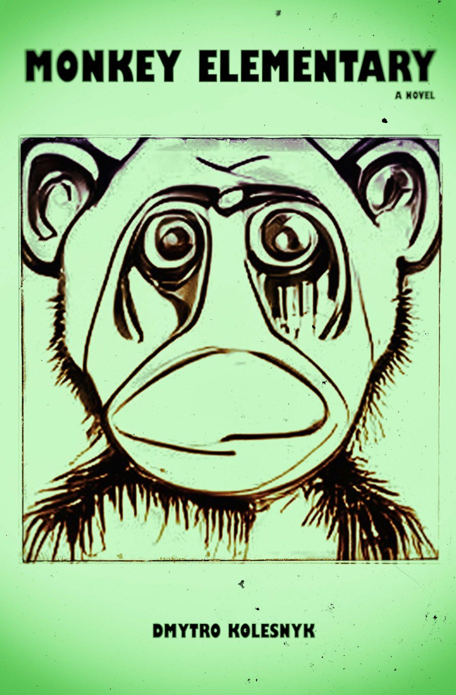 Monkey Elementary draft cover — an illustrated chimpanzee face on a green background